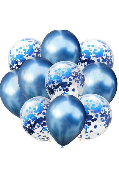 Huzur Party Store Clear Chrome Balloon Set with 20 Blue Confetti - 30 cm Sequin Sighted Party