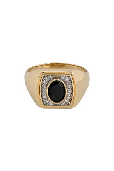 Cenova Jewelry 14 Ayar Altın Siyah Oval Taşlı Tasarım Erkek Yüzüğü