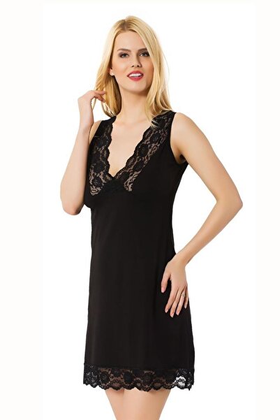 Genel Markalar Bayan Dantelli Geniş Askılı Kısa Gecelik 1591