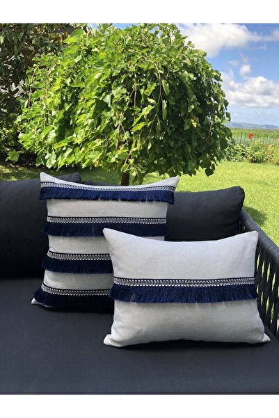 Leila Home &living 2’li Set Bej Ekru Keten Lacivert Püsküllü Şeritli Kırlent ...