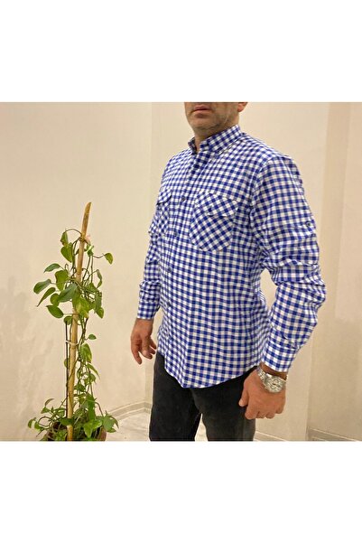 BENESSE Μακρυμάνικο πουκάμισο με φαρδιά κοπή μπλε λευκό σκακιέρα