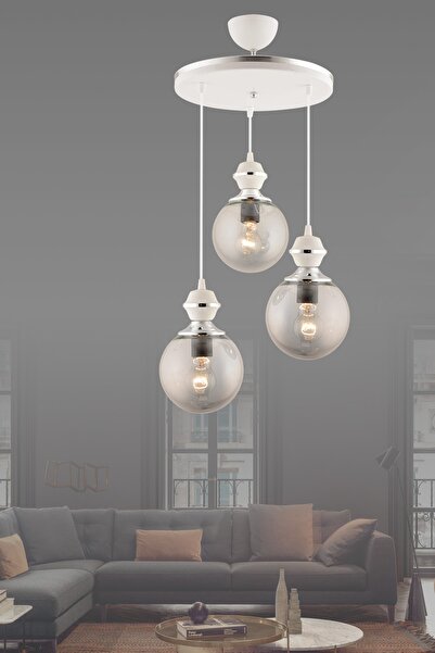 Genel Markalar Berru 3lü Tepsi Beyaza Krom Lüks Glop Camlı Modern Avize