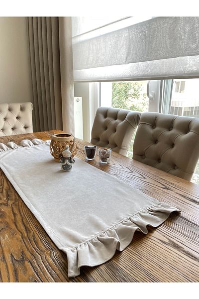 Decamor home Διακοσμητικό Vintage Runner με βολάν σε χρώμα πέτρας