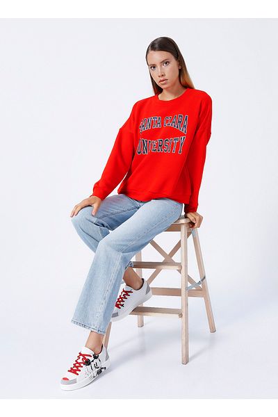 LİMON COMPANY Lemon Rundhals bedrucktes rotes Damen Sweatshirt Melan