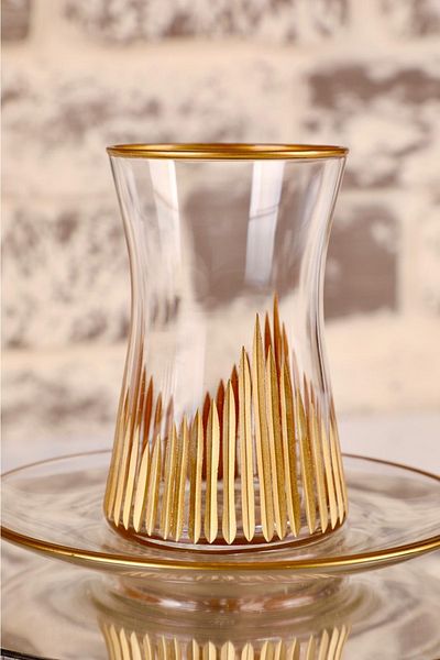 Paşabahçe 12 Piece Gold Crystallized Cutting Art Tea Cup Teaware Set