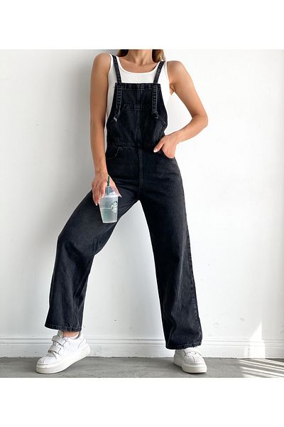 Fav Style Women's Wide Leg Denim Gardener Overalls Anthracite