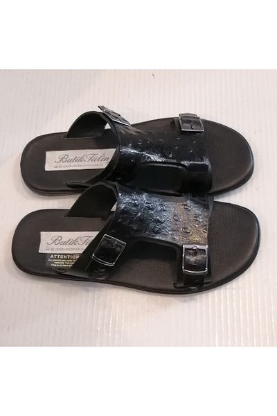 Butik Tülin شبشب من الجلد الطبيعي بطبعة طائر الجمل باللون الأسود بإبزيم مزدوج ونعل مطاطي مرن للجنسين