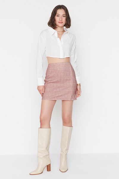 Trendyol Collection Καφέ Μίνι καρό υφασμένη φούστα σε γραμμή Α TWOAW22ET0446