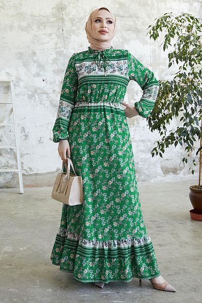 InStyle Misa Ριγέ Floral Jacquard Φόρεμα Yoryo Chiffon - Πράσινο