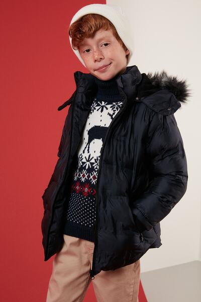 Lela Detachable Hooded Plush Lined Coat with Faux Fur Collar Boys' Coat 5760055