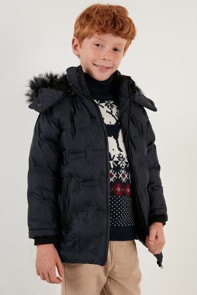 Lela Detachable Hooded Plush Lined Coat with Faux Fur Collar Boys' Coat 5760055