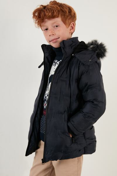 Lela Detachable Hooded Plush Lined Coat with Faux Fur Collar Boys' Coat 5760055