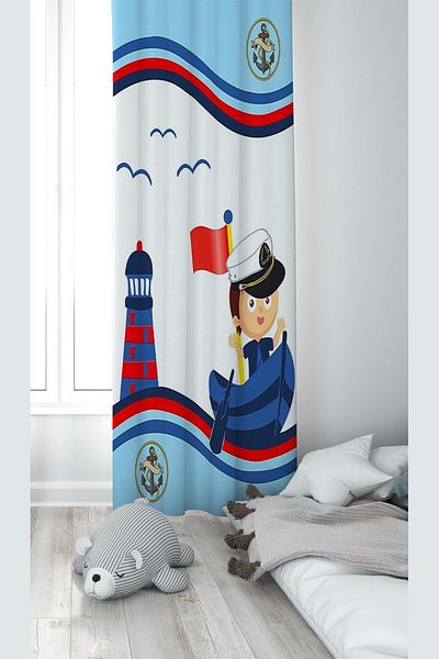 on the clouds Digital Printed White Sailor and Captain Patterned Baby Kids Room Background Curtain - Washable