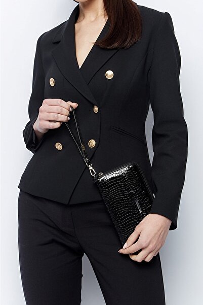 Aka Deri 430 Crocodile 100% Genuine Leather Women's Wallet Patent Leather Black