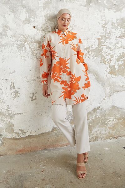 InStyle Hira Leaf Pattern Shirt - Orange
