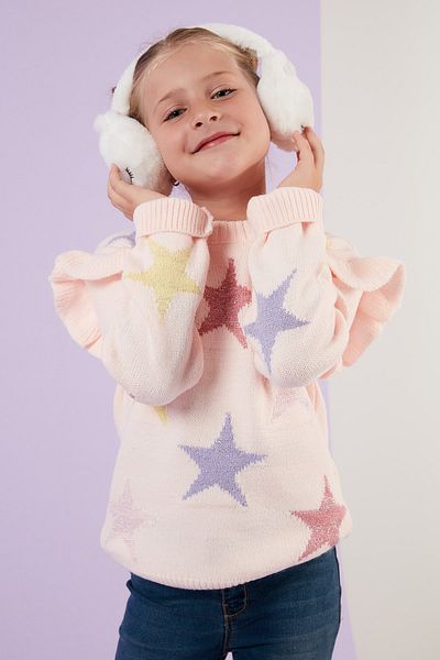 Lela Crew Neck Star Patterned Girl's Sweater - Sleeve Detail, 633Mj817