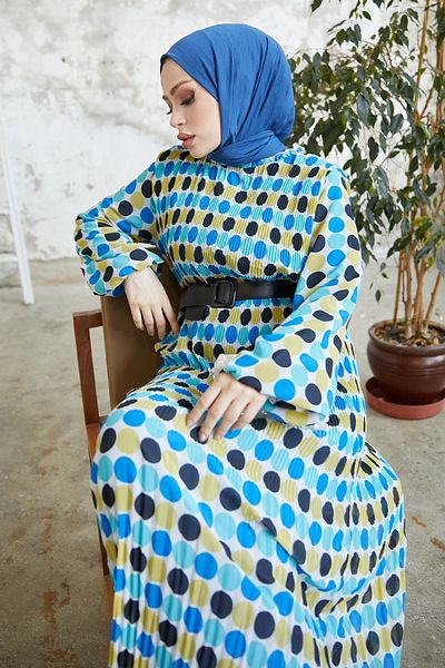 InStyle Φόρεμα σιφόν Nerisa πουά με ζώνη - Indigo