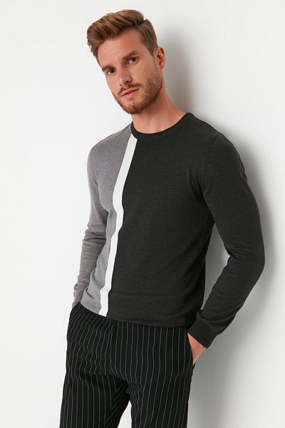Trendyol Collection Anthracite Slim Fit Slim-Fit Crew Neck Paneled Knitwear Color-Block Sweater Tmnaw21Kz0566