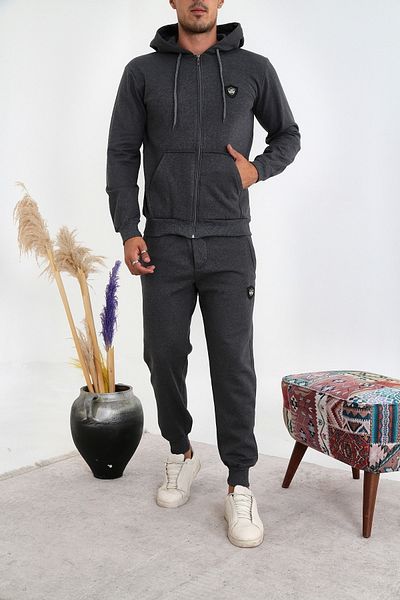 3MODA Ανδρικό σετ αθλητικής φόρμας καπνιστό με τρεις κλωστές κεντημένο με φερμουάρ