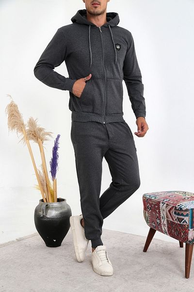 3MODA Ανδρικό σετ αθλητικής φόρμας καπνιστό με τρεις κλωστές κεντημένο με φερμουάρ