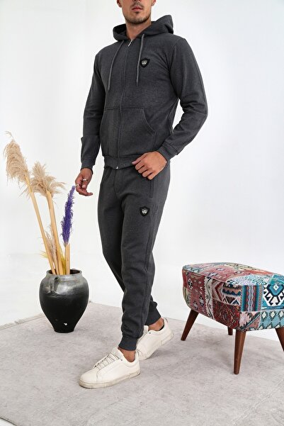 3MODA Ανδρικό σετ αθλητικής φόρμας καπνιστό με τρεις κλωστές κεντημένο με φερμουάρ