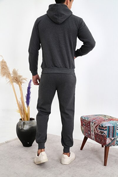 3MODA Ανδρικό σετ αθλητικής φόρμας καπνιστό με τρεις κλωστές κεντημένο με φερμουάρ