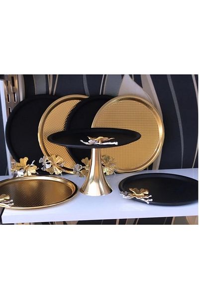 Elzem 3 قطع ذهبية، 3 قطع صينية تقديم سوداء وحامل كيك أسود 7 قطع