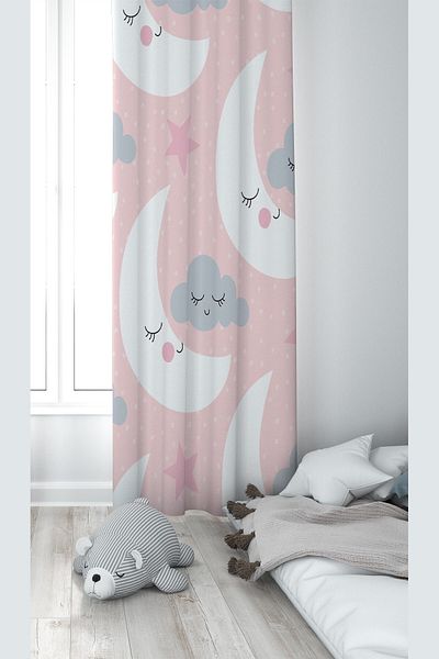 on the clouds Pink Moon And Cloud Patterned Digital Printing Washable Baby Kids Room Background Curtain