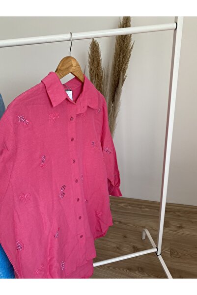 Okyanus Butik Kadın Fuşya Nakışlı Gömlek