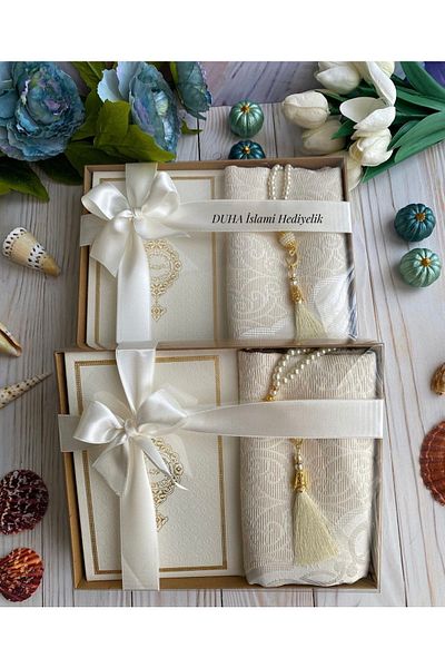 DuhaİslamiHediyelik Cotton Prayer Rug - Termoderi Quran, Pearl Prayer Beads and Bundle Dowry Set Home Concept