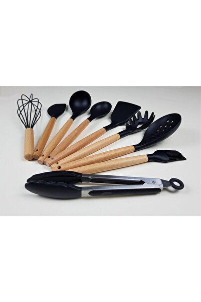 GalleonHome 9 Piece Bamboo Handle Silicone Ladle Spatula Kitchen Set Black