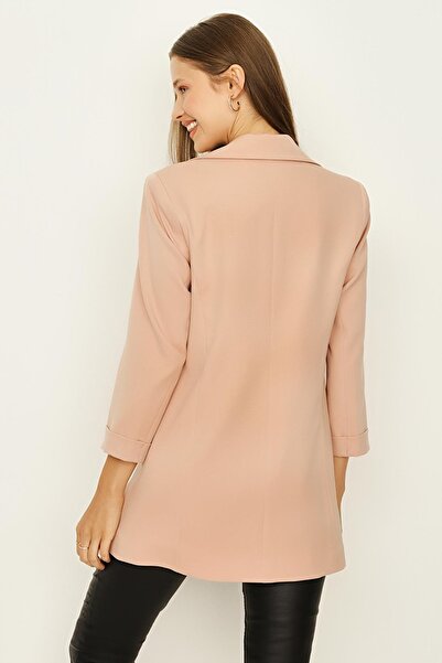 Select Moda Women's Powder Double Breasted Collar Gold Button Detailed Blazer Jacket