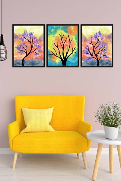 no77decor 3 Parça Renkli Kuru Ağaç Tarzda Sanatsal Siyah Çerçeve Görünümlü Uv...