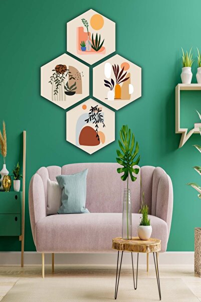 no77decor 4 Parça Petek Tasarım Bohem Tarzında Uv Baskı Mdf Tablo Seti