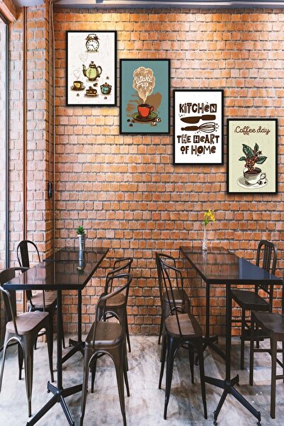 no77decor 4 Parça Mutfak Ve Cafe Dekorları Için Mdf Tablo Seti