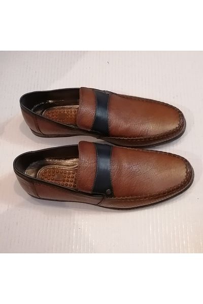 LUCIANO BELLINI Unisex Genuine Leather Tan Antique Navy Blue Banded Hand Stitched Flexible Rubber Sole Loafer