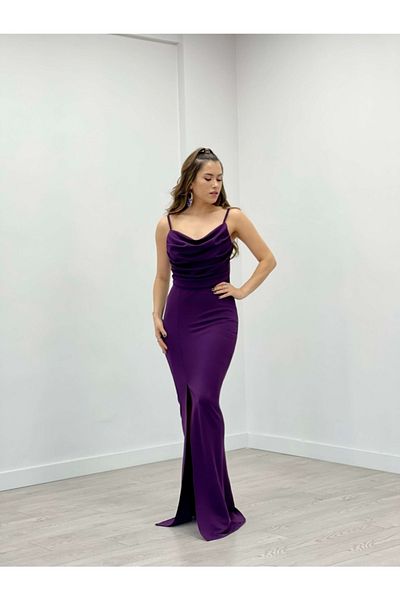 giyimmasalı Crepe Fabric Degaje Collar Strap Dress - Eggplant Purple