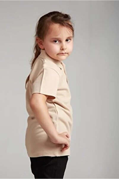 OKULCA Beige Unisex Combed Cotton Polo Collar School T-shirt