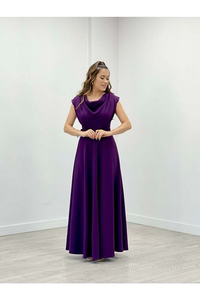 giyimmasalı Crepe Fabric Degaje Collar Dress - Eggplant Purple