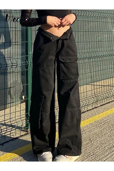 Gofeel Urban Black Bellows Cargo Pocket Y2k Unisex Παντελόνι με φαρδύ πόδι