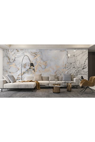 LOTUS AURA Gold Mermer Desenli Salon Duvar Kağıdı, Altın Renkli Mermer Desenl...