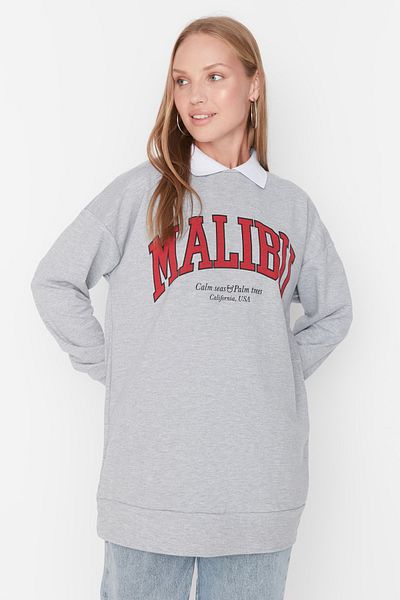 Trendyol Modest Graues, besticktes Polo-Sweatshirt aus Strick - TCTAW23TW00083
