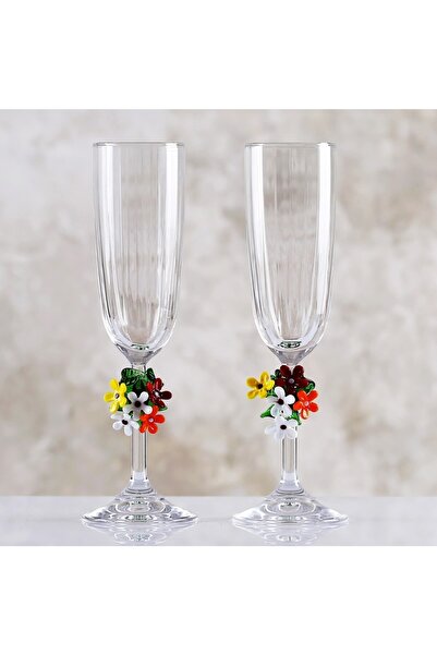 ADAMODART Violet Tasarım El Yapımı Cam Renkli Çiçek Dekorlu 2’li Şampanya Kadehi