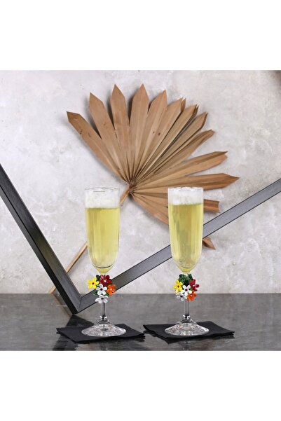 ADAMODART Violet Tasarım El Yapımı Cam Renkli Çiçek Dekorlu 2’li Şampanya Kadehi