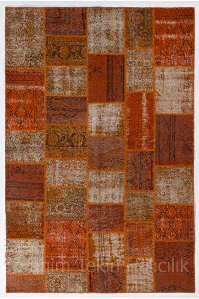 Tekin (200 X 300 CM) Turuncu Renkli Patchwork Halı, %100 El Dokuma Anadolu Ha...