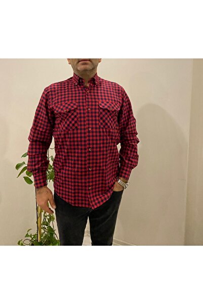 BENESSE Wide Cut Red Navy Blue Checkered Pattern Long Sleeve Shirt
