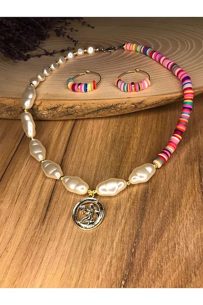 Stoneday Pearl and Colorful Fimo Special Design Set of 2 Gold Detailed Necklace with Combination Pearls