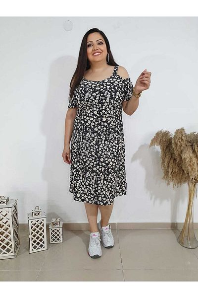 BİrHoşButik Large Size Lycra Off Shoulder Short Sleeve Imported Printed Camisole Fabric Women's Clothing Floral Dress