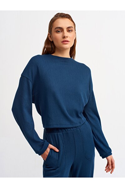 Dilvin Kadın Mavi Sırt Dekolteli Uzun Kollu T-shirt