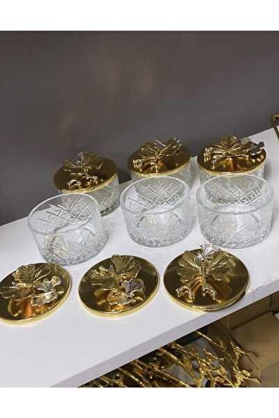 Elzem Dekoratif Gold Kapaklı 6 Lı Tatlı Kasesi Sunumluk Ikramlık Cam